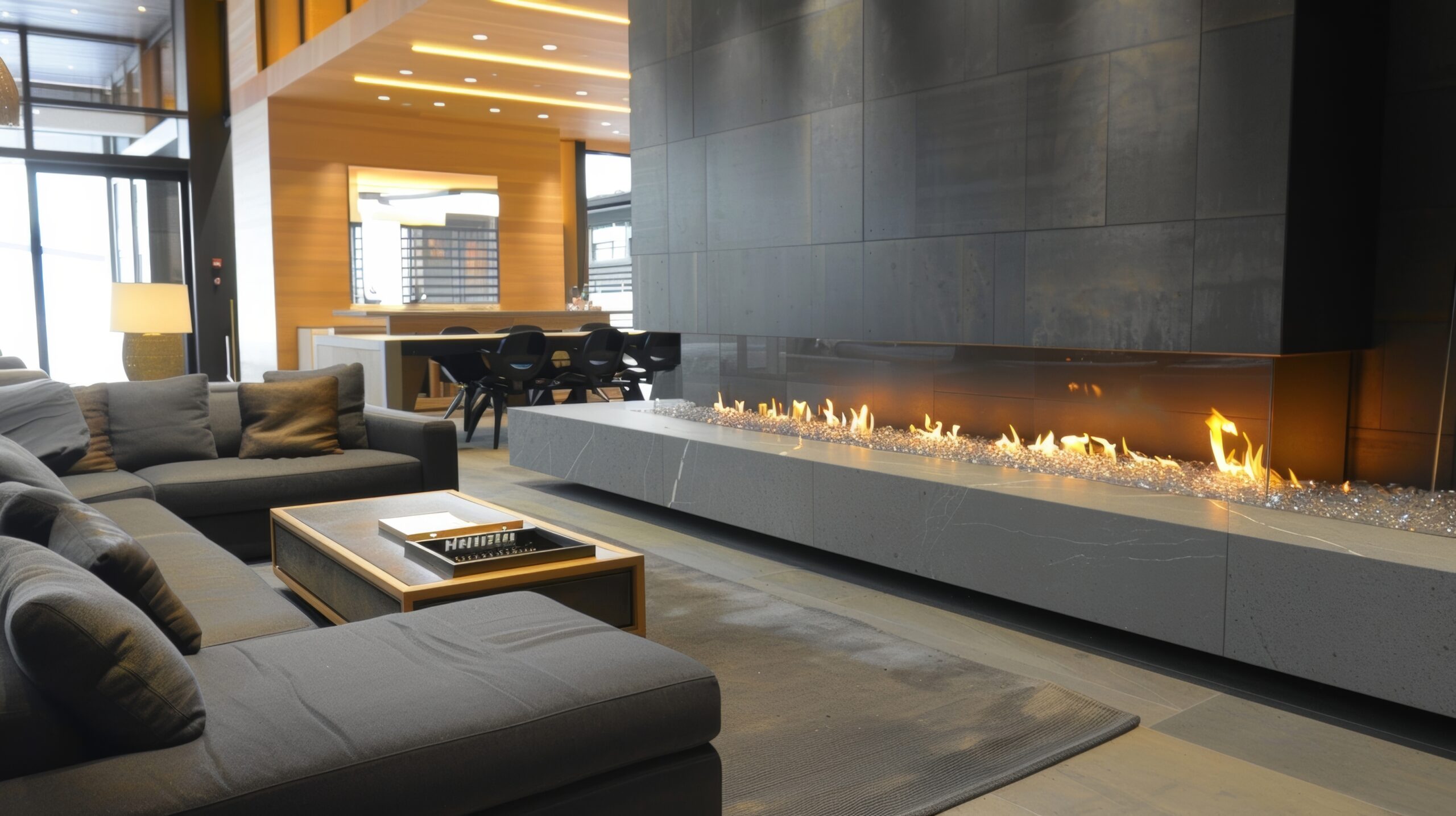 The perfect harmony of fire and water comes to life in this modern fireplace with a builtin waterfall feature creating a stunning focal point in the room. 2d flat cartoon